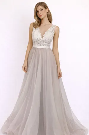 Hebeos wedding dress white lace‎ and tool over champagne sz 2 thumbnail 1