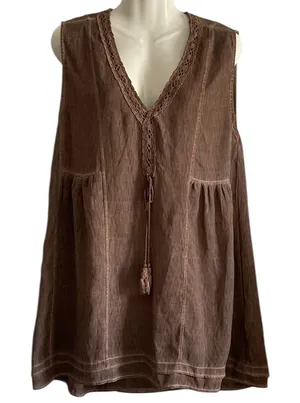 Pretty Angel Linen Blend Lace Trim V-Neck Peplum Top Sleeveless Brown Sz.S thumbnail 1