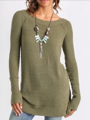 Free People Kate Thermal Long Sleeved Top: Olive Army Camo Green thumbnail 1