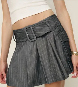 Reformation 6 NEW Brinley Mini Skirt Grey Stripe Academia Preppy Belted Grunge thumbnail 1
