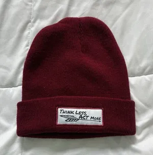 Think Less Act More Beanie Hat Winter‎ Fall Unisex Red White Acrylic thumbnail 1