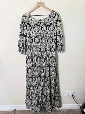 Wayward Fancies‎ Eshakti Damask Print Lined Maxi Dress Rayon Cotton Size XL thumbnail 4