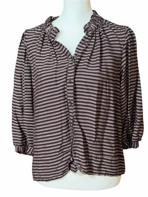 Never a Wallflower burgundy cream striped blouse size M thumbnail 1