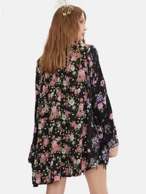 Nwt Free People Loretta Printed Tunic Floral Printed Blouse Black Combo - M thumbnail 2