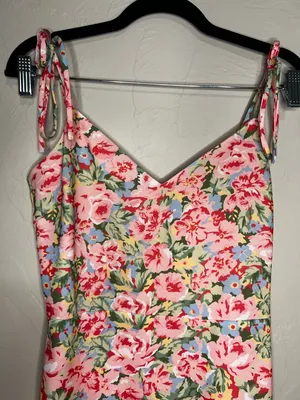LPA Revolve Multi Ruffle Pink Blossoms Floral Spaghetti-Strap‎ Mini Dress thumbnail 5