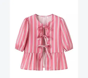 SundayUp Pink and White Striped Puff Sleeve Peplum Bow Ties Blouse thumbnail 3