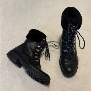 Black Fur Trim Combat Laced Boots thumbnail 1