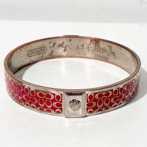 Signed COACH Silvertone Pink Enamel "C" Signature‎ Bangle Bracelet thumbnail 4
