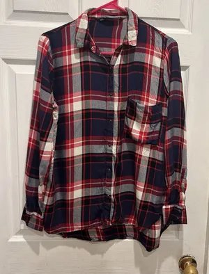 Zara Trafaluc Red Navy Blue Plaid Snap Button Down Flannel Shirt Women Large thumbnail 1