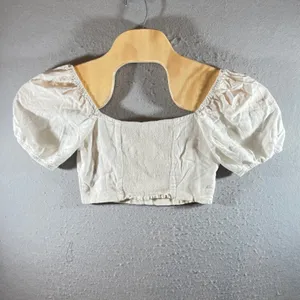 1059 | Altar'd State Linen Blend Puff‎ Sleeve Tie Front Crop Top White Womens L thumbnail 2
