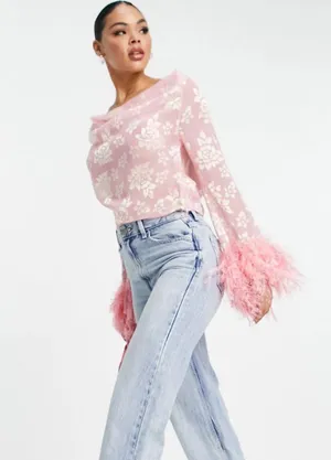 ASOS NWT DESIGN sheer floral jacquard cowl neck top with faux feather trim sleeves in pink. Size 12 thumbnail 3