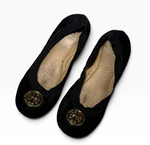 Tory Burch Black Suede Ballet Flats with Gold Logo thumbnail 1