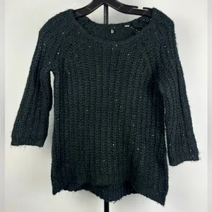Anthropologie Knitted & Knotted Black Knit Sequin Sunstitch 3/4 Sleeve‎ Sweater thumbnail 1