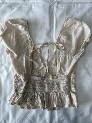 Cream Linen Blend Puff-Sleeve Cropped Peplum Top thumbnail 4