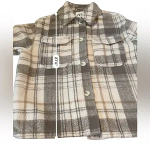 ZARA Plaid‎ Shirt Jacket Women's Size Large Cream Tan Gray Long Sleeve Collared thumbnail 8