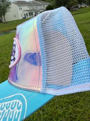 Von Dutch Iridescent Patch Trucker Hat in Aqua and Pink thumbnail 2