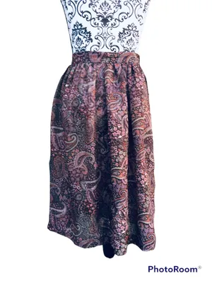 Vintage 70s 80s Dimension V Sheer Brown Pink Paisley Knee Length Skirt Midi S thumbnail 2