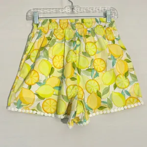 Avec‎ Les Filles Lemon Print Shorts XS Yellow Cotton Lace Trim Summer Drawstring thumbnail 2