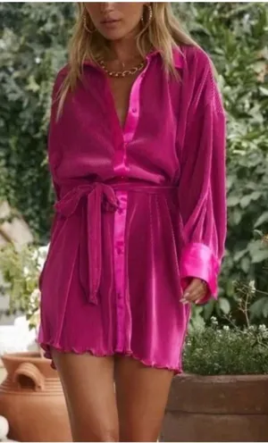 12th Tribe Cara Fuschia‎ Plisse Mini Dress Large thumbnail 1