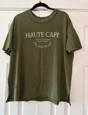 Aerie Haute Cafe Paris Graphic T-Shirt Olive Green Raw Edge Relaxed‎ Fit Medium thumbnail 1