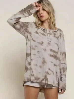 POL Oversized Henley Long Sleeve Ribbed Knit Top Tan Tie Dyed size M Comfy Boho thumbnail 1