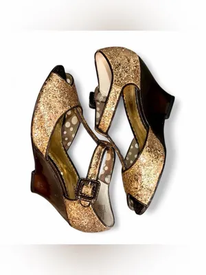 Kenzie ‘GINGER’ Gold Glitter Peep Toe Wedge Kitten Heel Mary Jane Sandals Sz 8 thumbnail 4