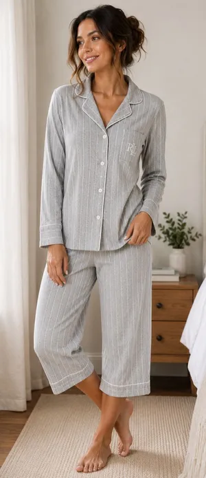 Lauren Ralph Lauren Essentials Bingham Knits Gray White Striped Capri Pajama Set thumbnail 1