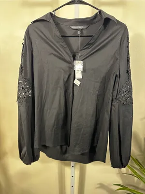N38. White House Black Market Embroidered Sleeve Button-Front Top thumbnail 1