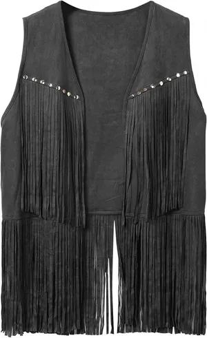 Allegra K Black Fringed Vest with Stud Accents thumbnail 1