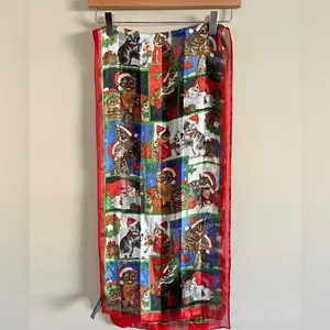 Vintage Christmas Cat Scarf Sheer Red Green Holiday Kitty Print Accessory thumbnail 9