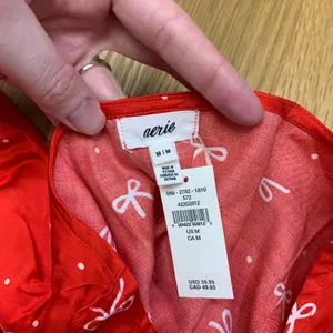 Aerie Red Bow Polka Dot Tie Front Satin Short Sleeve Top Women's Size Medium NWT thumbnail 6