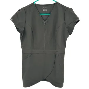Jaanuu Size Small Short Sleeve Scrub Top Shirt‎ Black Pockets Zip V Neck Fitted thumbnail 1
