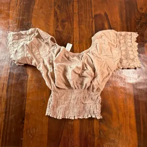Zoearte Peru Cotton Crochet Smocked Crop Top Boho Off Shoulder Tan NWT thumbnail 2