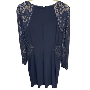 Ralph Lauren Sz 10 Navy Blue Sequined Lace Sleeve/ Waist Cutout Cocktail Dress thumbnail 2