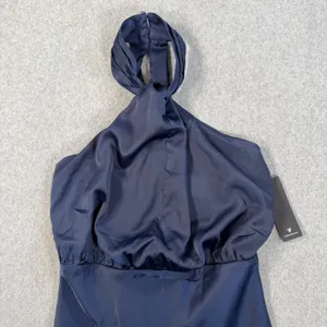 Lulus Women's XXS Sleek Essence Navy Blue Satin Halter Sleeveless Mini Dress thumbnail 3