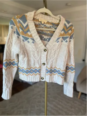 Sage Oak Fair Isle Cable‎ Knit Cardigan Cottagecore Nordic Sweater XS Cozy Hygge thumbnail 2