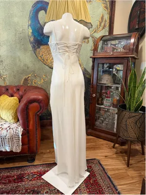 VTG Kiki USA White Embroidered Lace Corset Maxi Dress Rhinestone Strap Small 90s thumbnail 5