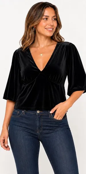 Knox Rose XL Black Velour V-Neck Flutter Sleeve‎ Empire Waist Top Blouse thumbnail 1