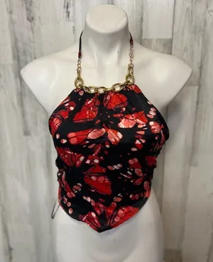 Meraki Red & Black Abstract Halter Top Small Gold Chain Neck Tie Back thumbnail 1