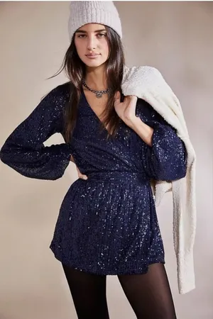 Free People Christa Long Sleeve‎ Sequin Romper Navy Blue Size XS thumbnail 1