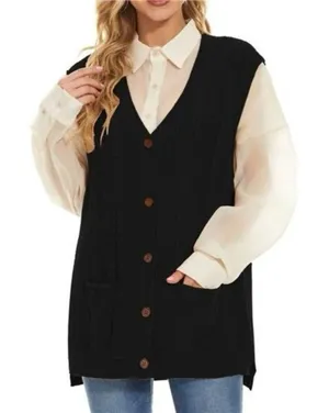 ✨Hyipels Women's Sweater Vest Sleeveless Black Sz Large Cardigan✨ thumbnail 1