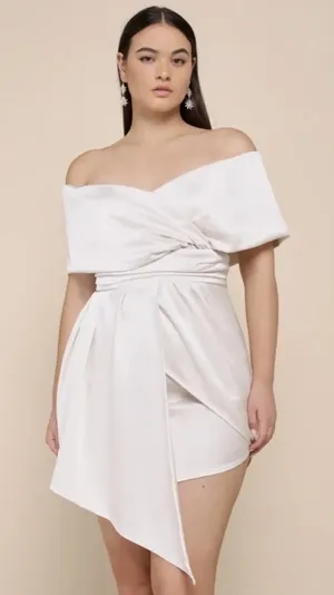 Lulu's Always Celebrating Ivory Satin Off The Shoulders Mini Dress Size XL thumbnail 1