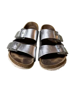Birkenstock Arizona Silver Metallic Leather Double Strap Sandals Women 37 thumbnail 2