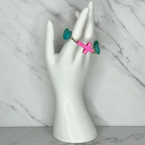Silver Tone Faux Turquoise Beaded Pink Cross Small Wire Bangle Bracelet thumbnail 2