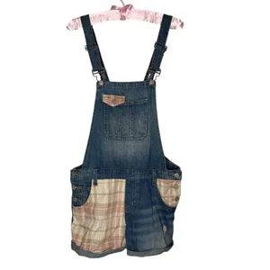 Lei Juniors L Blue Denim Overalls Plaid‎ Patchwork Shorts 100% Cotton Shortall thumbnail 3