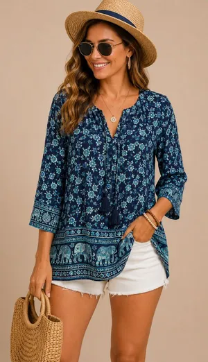 Blossom by P Blue Boho Floral Tunic Top Elephant Border Tassel Tie Size Medium M thumbnail 1