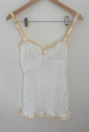 Privacy Please White Yellow Ruffle Trim Tie Front Mini‎ Dress XS Cottagecore thumbnail 1