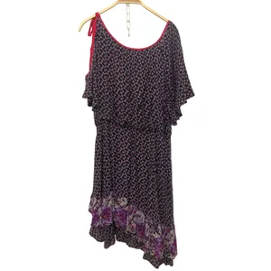 Free People Purple Pink Floral Asymmetrical Cold Shoulder Tie Mini Dress Large thumbnail 2