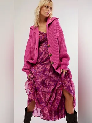 Free People Swim Too Deep Vibrant Fuchsia Ribbed Button Cardigan Size XS thumbnail 3