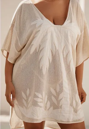Celandine Anthropologie Womens Embroidered Mesh Cream Swim Coverup Mini Dress Xs thumbnail 1
